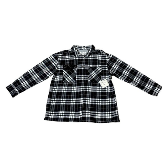 Café Marrakesh black white plaid flannel Style shirt NWT pockets L hidden button - Picture 4 of 16